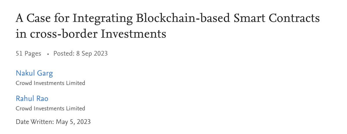 We are thrilled to announce that our latest #whitepaper, 'A Case for Integrating Blockchain-based Smart Contracts in Cross-Border Investments,' has been published in the esteemed @SSRN. Full whitepaper: papers.ssrn.com/sol3/papers.cf… #Blockchain #SmartContracts #CrossBorderInvestments