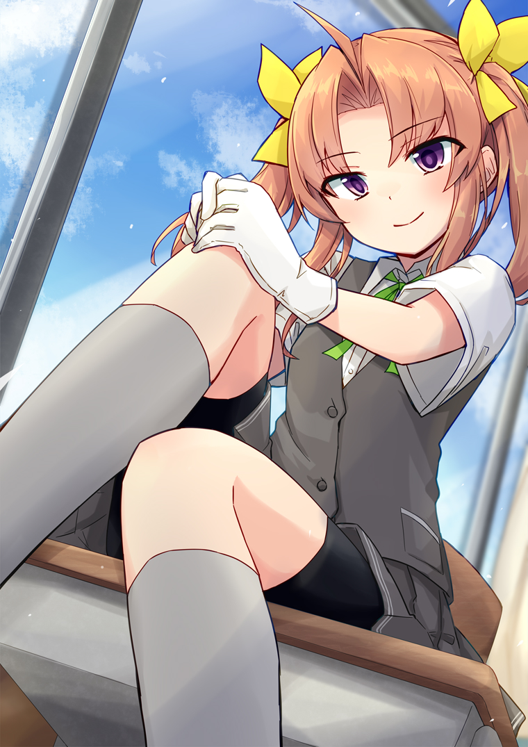 kagerou (kancolle) 1girl solo gloves ribbon twintails green ribbon school uniform  illustration images