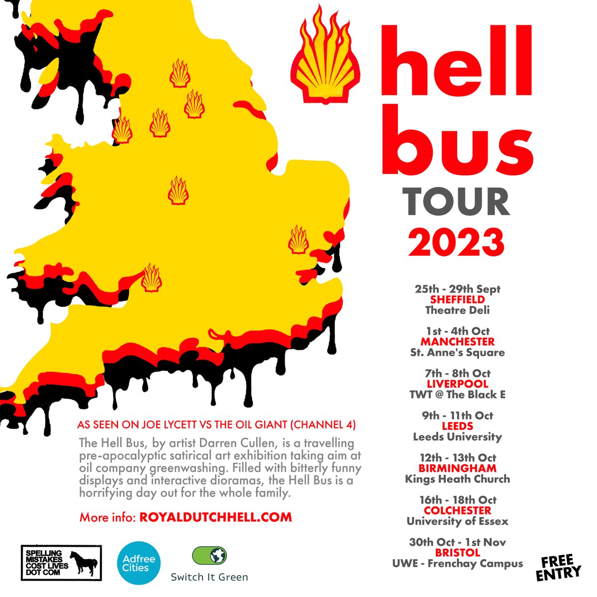 switchit_green's tweet photo. The tour begins ❤️‍🔥

We are bringing the incredible Hell Bus by @darren_cullen to towns across the UK, raising awareness of oil and gas company greenwashing and the banks that are funding them

Kicking things off in Sheffield, providing locals with easy, effective climate action https://t.co/iftdzhmMlN