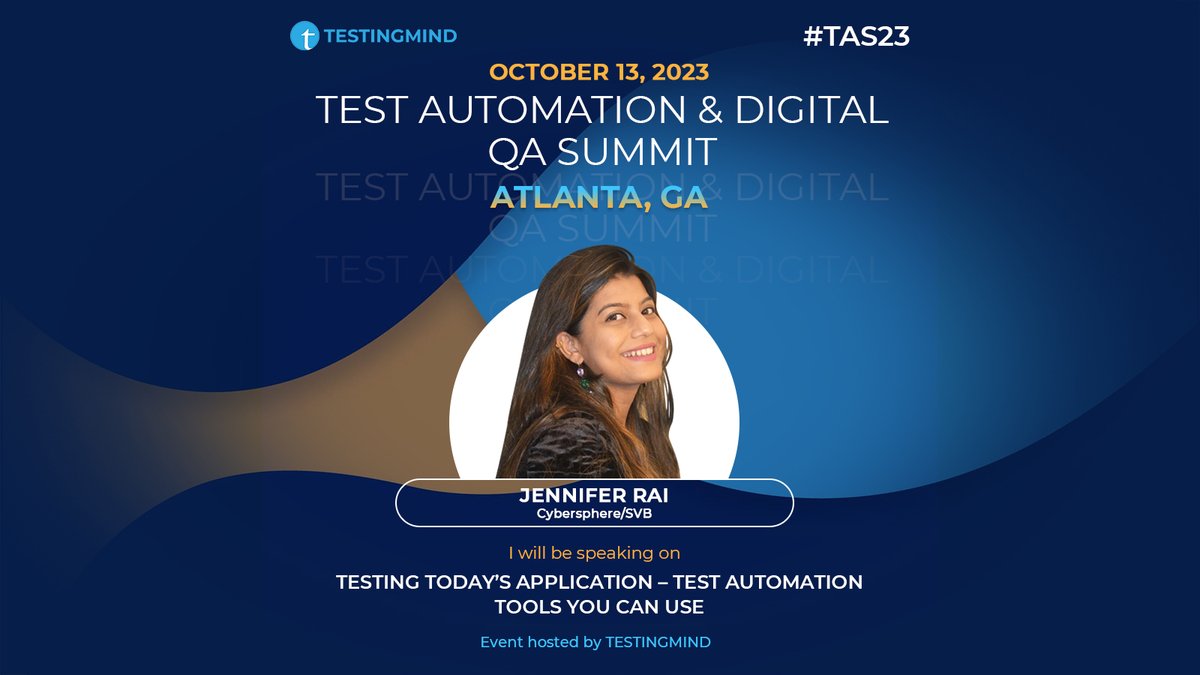 testingmindcon's tweet image. 🌟 Exciting News! Jennifer Rai, Will Share Insights at the Test Automation Summit in Atlanta on October 13, 2023! 🌟

Secure your spot now and be part of this enlightening event: testingmind.com/event/tas2023/… 

#TestAutomation #TestingTools #TechEvents #Atlanta #Cybersphere