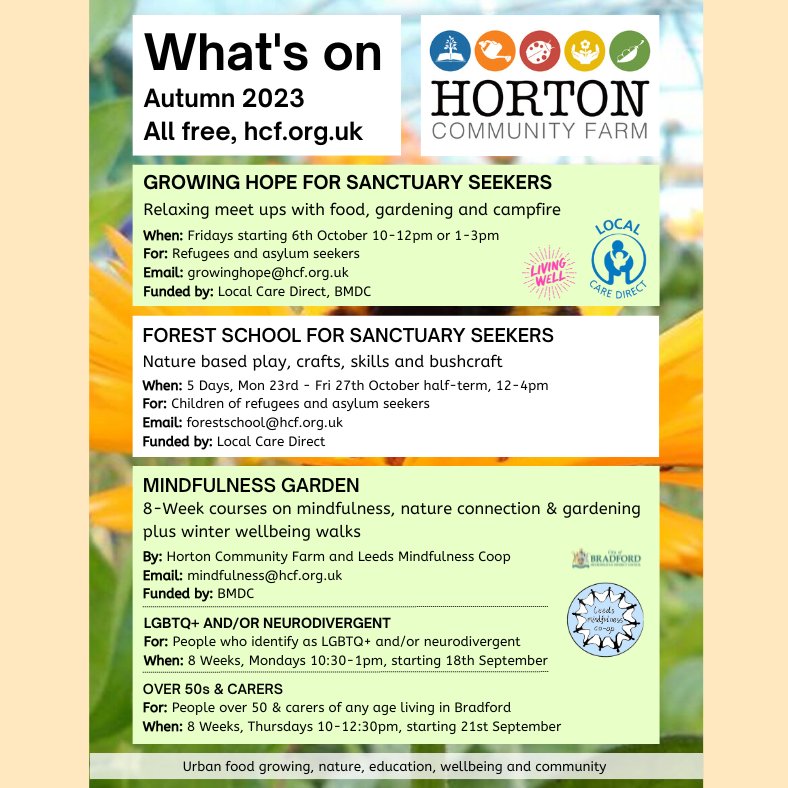 Free sessions. Mindfulness for LGBT & over 50s. For sanctuary seekers: forest school in Oct 1/2 term & socials for adults. @HortonHousing @BevanCIC @BdfRefugeeForum @BEACON_Bradford @AbigailHousing @bafr_refugees @Biasanyorkshire @UkieClubLymanBD @BradfordFounda1 @RefugeeVoices1