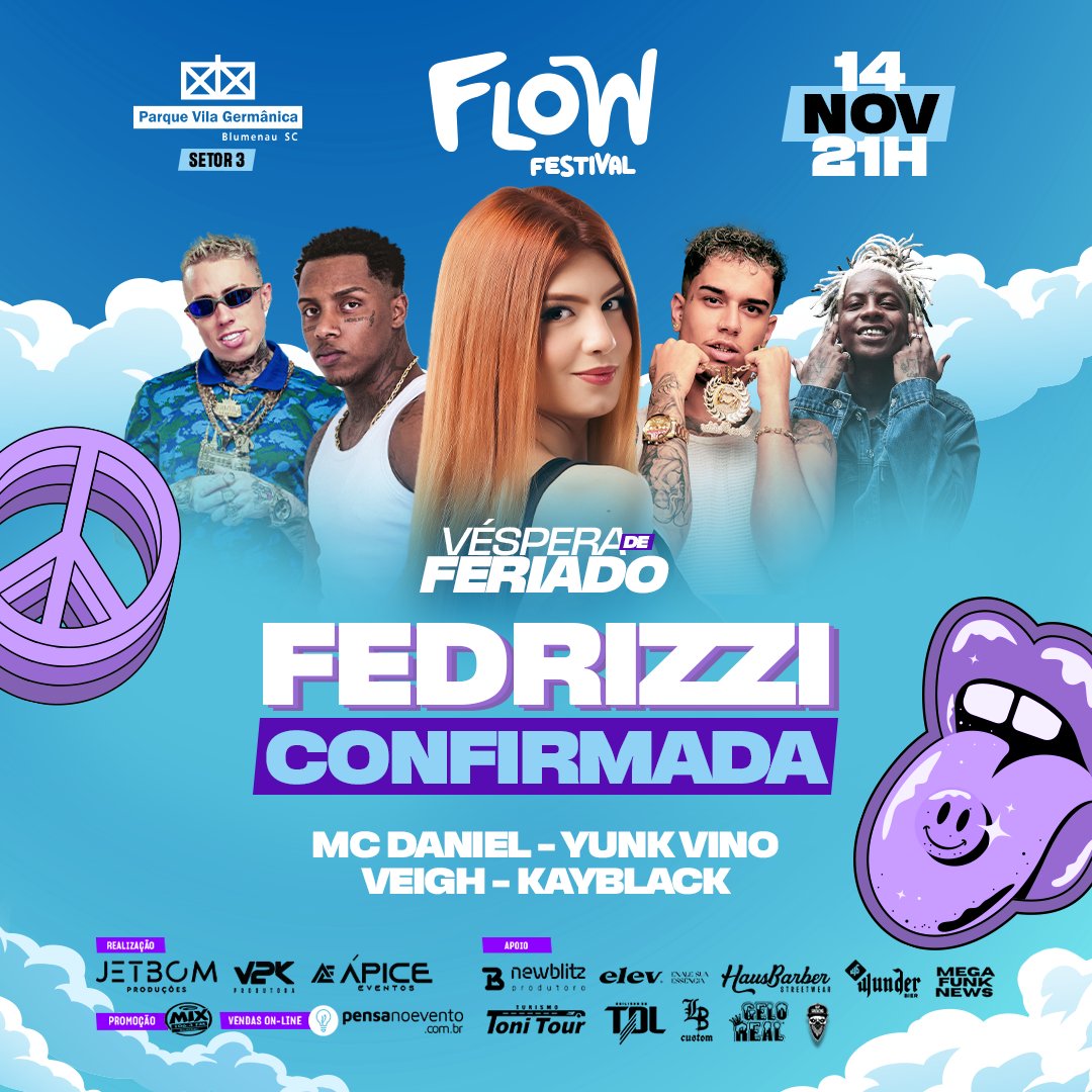 flowfestivalsc's tweet photo. FEDRIZZI NO FLOW FESTIVAL 🔥

Ela não vai ficar de fora, a nossa Rainha do mega funk vem pra agitar o palco da nossa terceira edição! 🤯

Anota aí: dia 14 de novembro, véspera de feriado, vamos curtir juntos mais uma edição do Flow Festival. https://t.co/m4dPikL9qU
