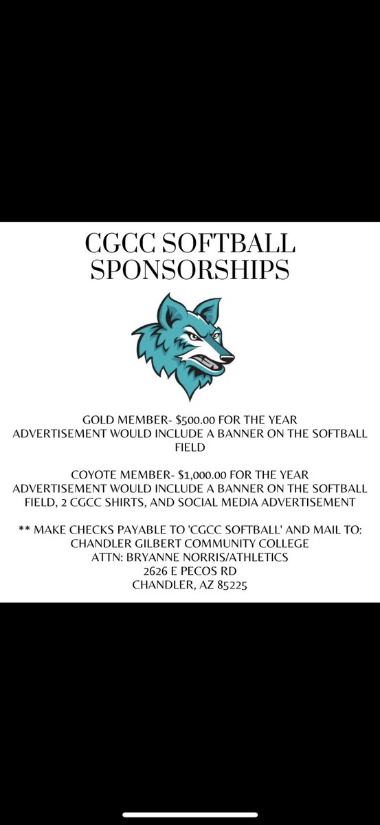 SoftballCGCC's tweet photo. We are currently looking for local AZ companies that would be interested in sponsoring our softball program to raise funds for New Uniforms and Scholarships for this year. 

If you are interested or know of anyone interested we would love to speak to them!! 🐺🧡 #ThePack https://t.co/Qk5q0dYRcN
