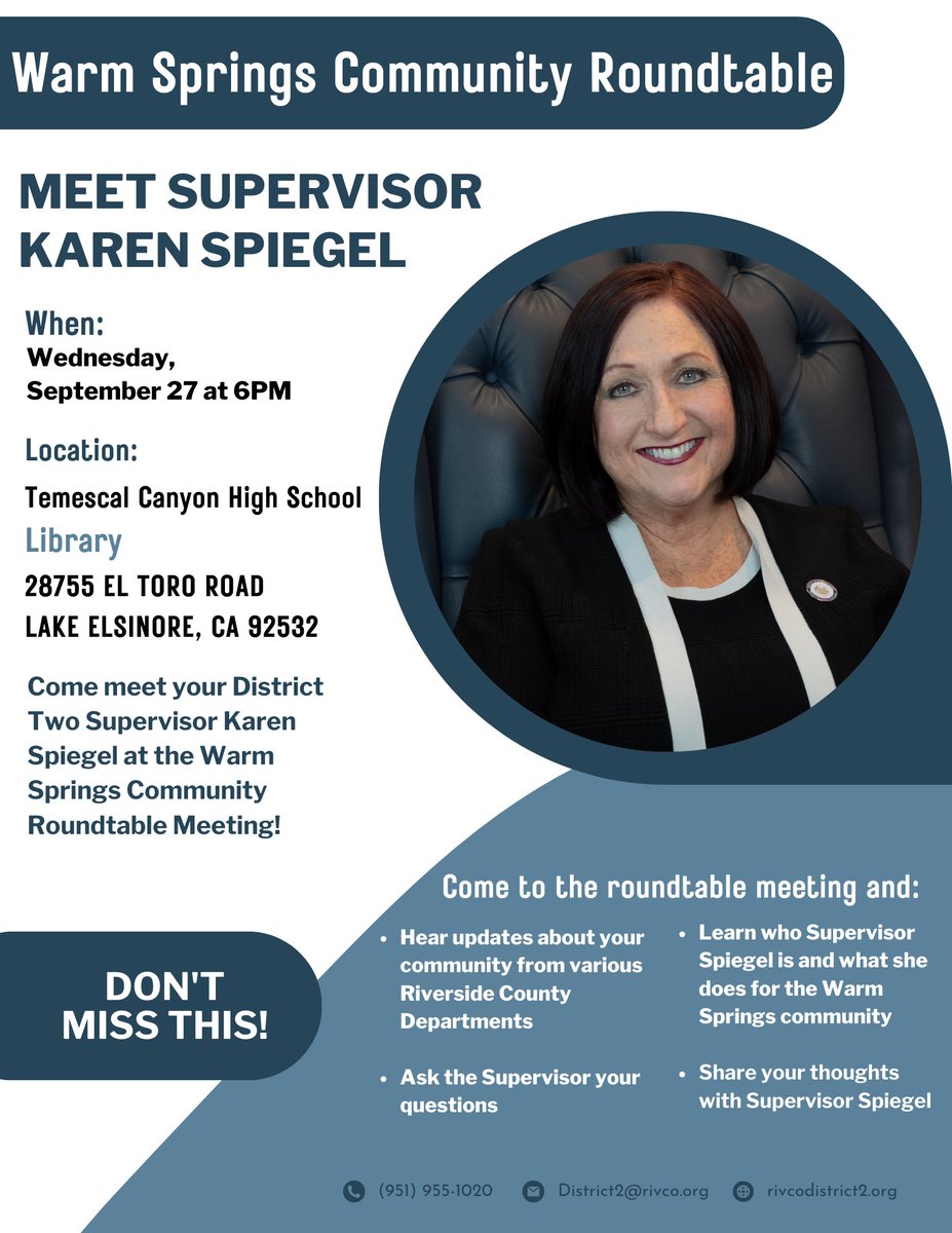 SupKarenSpiegel's tweet image. TOMORROW: You’re Invited! I invite you to the Warm Springs Community Roundtable on September 27th, 2023, at the Temescal Canyon High School Library (28755 El Toro Road, Lake Elsinore, CA 92532) from 6:00-8:00 p.m. 

#WarmSpringsCA #DistrictTwoStrong #CommunityRoundtable