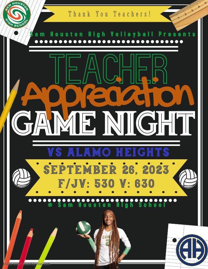 SAHoustonVB's tweet photo. 🏐 It’s GAMEDAY and WE 🧡 OUR TEACHERS!! Good Luck to our Lady Hurricanes as they compete in their District Match against Alamo Heights this evening!! Come out and support!! Go Canes! #SHVB #PrideOfTheEastside 💚🏐 https://t.co/iXDQfhJNm7