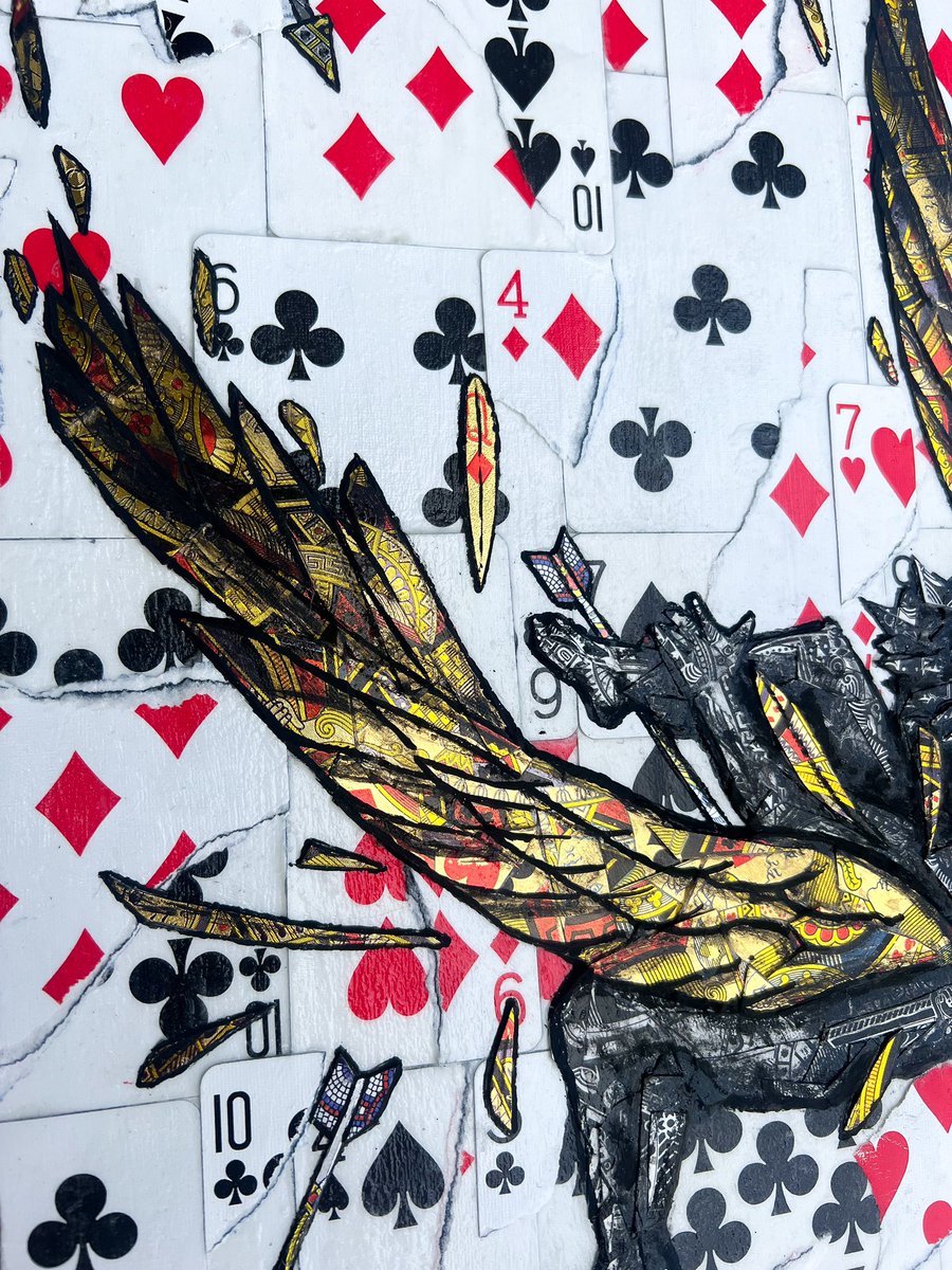 Forever falling - playing cards and acrylic on wooden board, angel study 🏹🪽