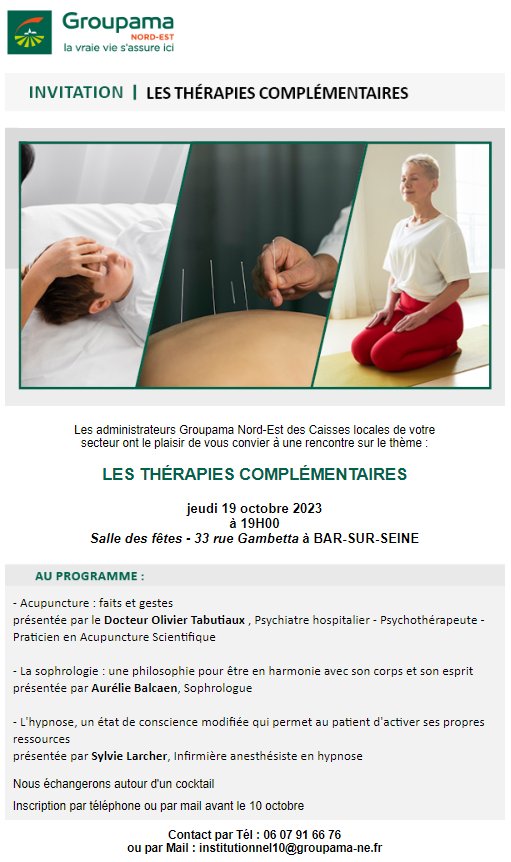 GroupamaFd10's tweet photo. OCTOBRE - Mois de la Santé @GroupamaNordEst
3 Conférences #douleurs #telemedecine #medecinecomplementaire #aubeenchampagne
4 sessions #gestesquisauvent @udsp10 inscriptions : https://t.co/BvzJOIkkdU ou chez @DecathlonTroyesLavau : https://t.co/6t3Ooqx2b2
#laviemutualiste https://t.co/6bFWpiHVGN
