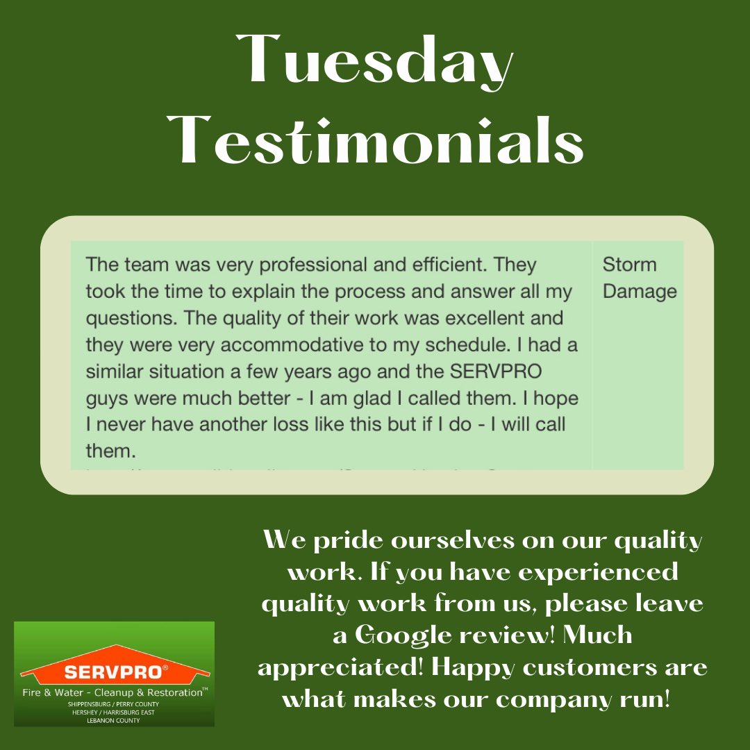 HersheyServpro's tweet photo. Testimonial Tuesday
#restoration #remediation #servpro #watermitigation #waterremediation #moldremediation #firedamagerestorationservice #firedamagecleanup https://t.co/bJaDANy6LP