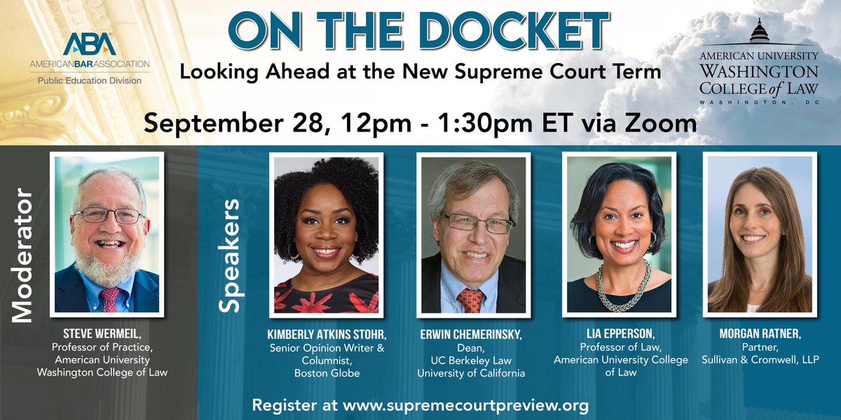 SCOTUS term is coming! On The Docket takes a look Sep 28, 12 PM ET. Register here: ambar.org/m6x6t6  @KimberlyEAtkins <a href="/BerkeleyLaw/">UC Berkeley Law</a> <a href="/EppersonProf/">Lia Epperson</a> <a href="/SteveWermiel/">Stephen Wermiel</a> <a href="/sullcrom/">Sullivan & Cromwell</a>