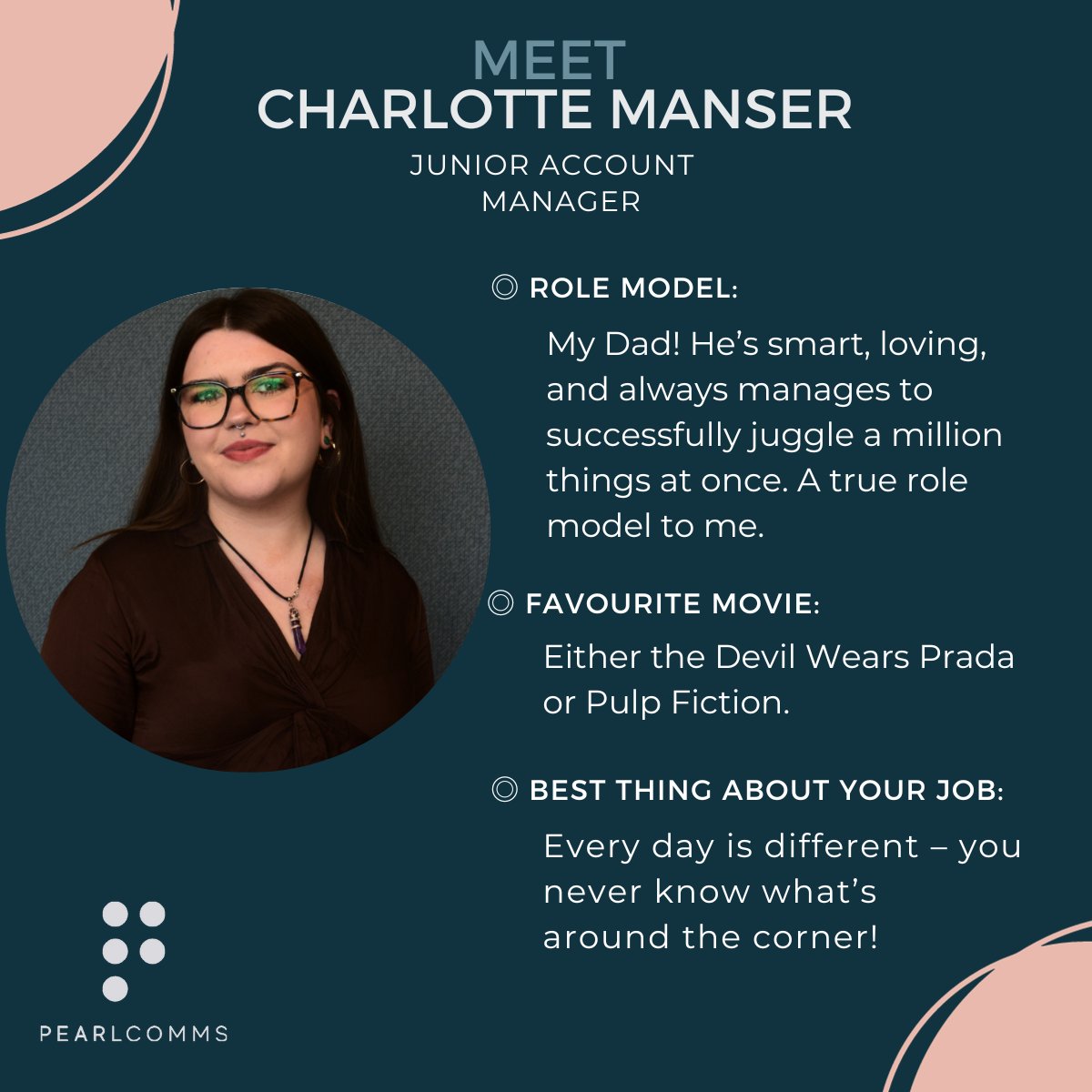 PearlCommspr's tweet photo. Meet Charlotte Manser, our Junior Account Manager.

Charlotte has the creativity and drive to not just meet expectations, but to exceed them in unexpected ways.

Here are some quick facts about our Pearl, Charlotte.

#BirminghamPR
#Agencylife
#Meettheteam https://t.co/I5S5pYI7Ao