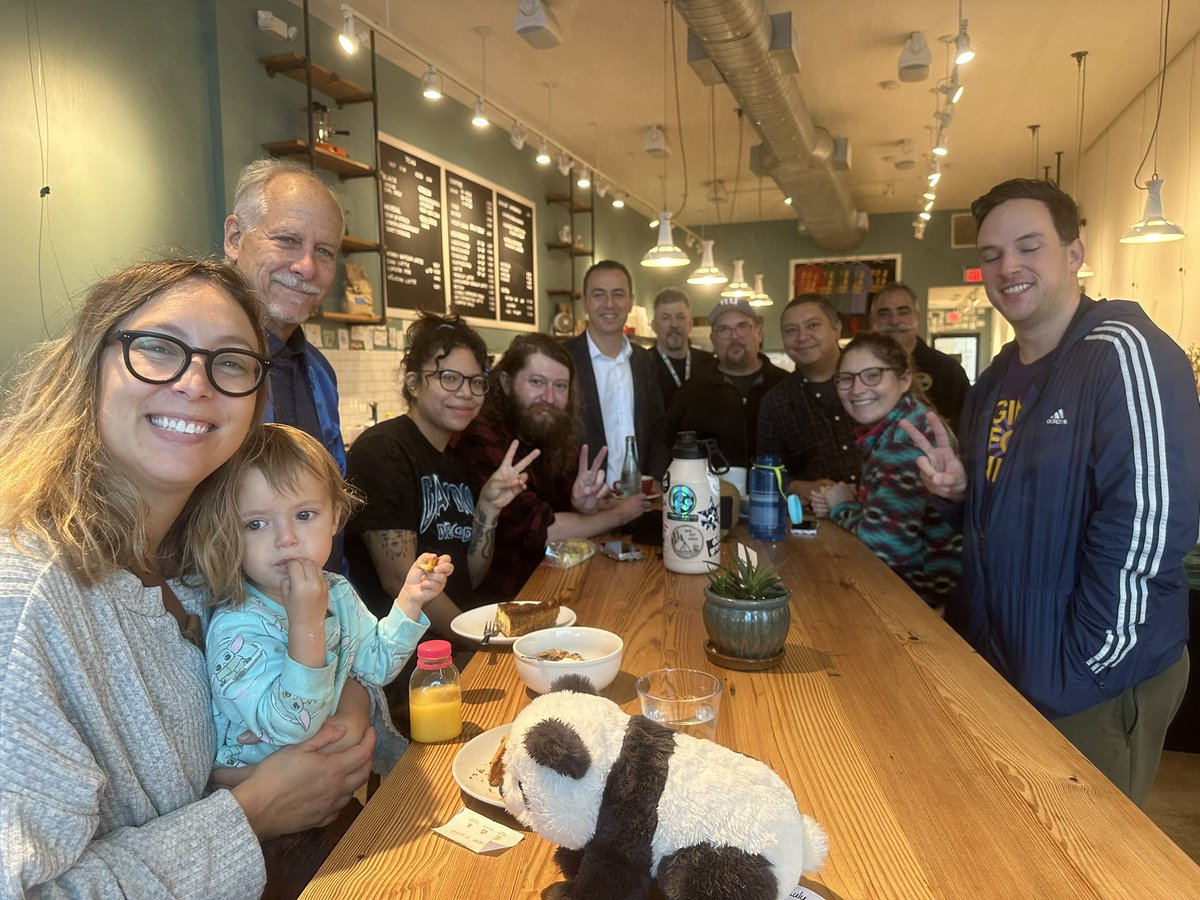 va_labor's tweet photo. Big turnout at the sip-in at Rare Bird Coffee Roastery in Fall Church! Thanks to @marcussimon @HelmerVA @SalimVASenate @andresforchange for support for a union coffee shop! Falls Church is a union town! @RBWorkersUnited https://t.co/g9QqaRbelA