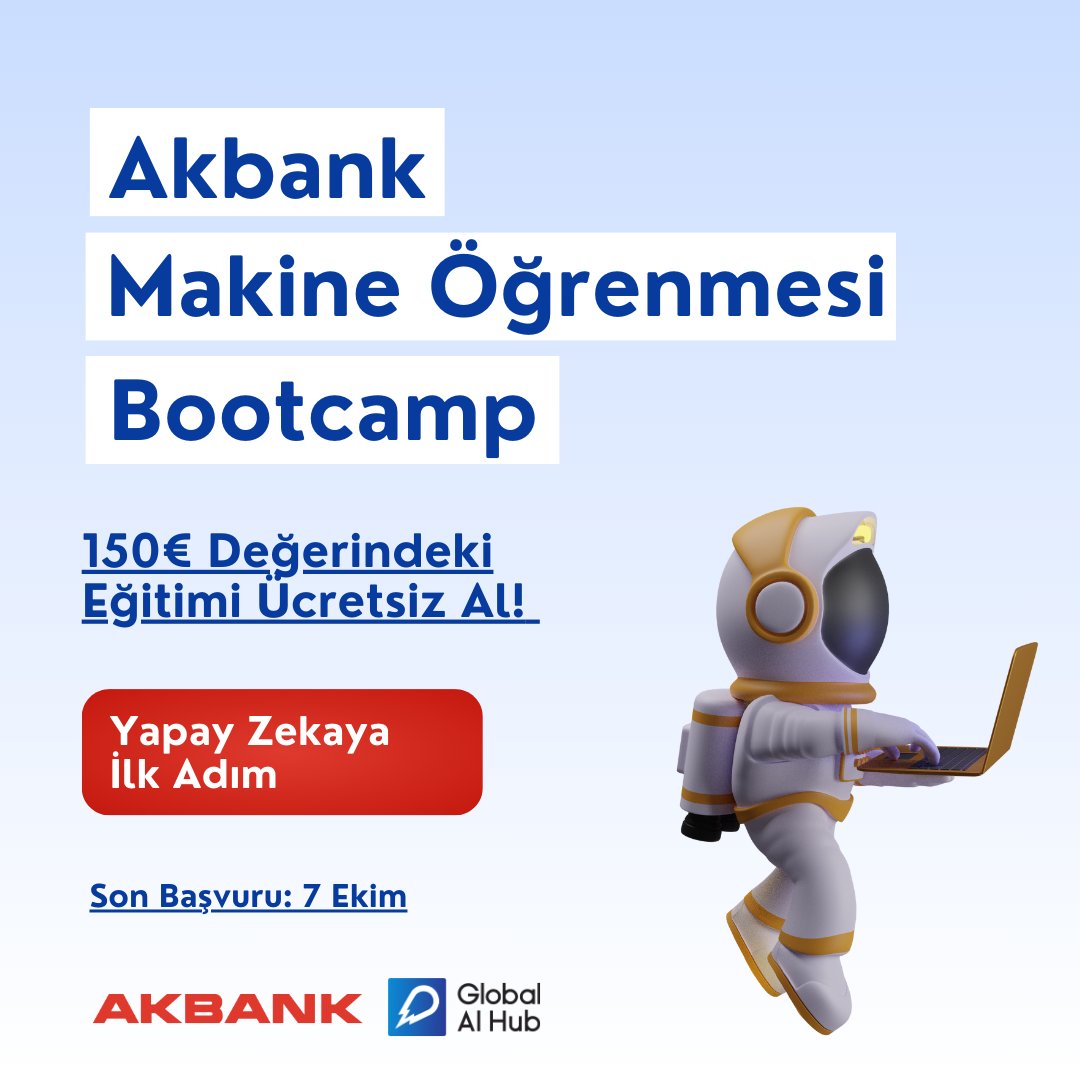 Henüz Akbank #MakineÖğrenmesi Bootcamp'e kayıt olmadın mı? Hemen şimdi başvur «10million.AI» bursu ve @Akbank iş birliği ile 150€ değerindeki sertifikalı #YapayZekaya İlk Adım kursunu #ücretsiz alma fırsatını yakala! 🌟 🔗 Kayıt için: l24.im/2XQCG
