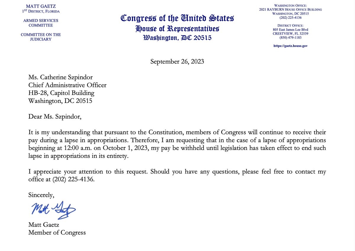 FmrRepMattGaetz's tweet image. In the event of a government shutdown on October 1st, I have asked the Chief Administrative Officer of the House to withhold my pay until legislation has taken effect to end the lapse in appropriations. 

dailycaller.com/2023/09/26/mat…