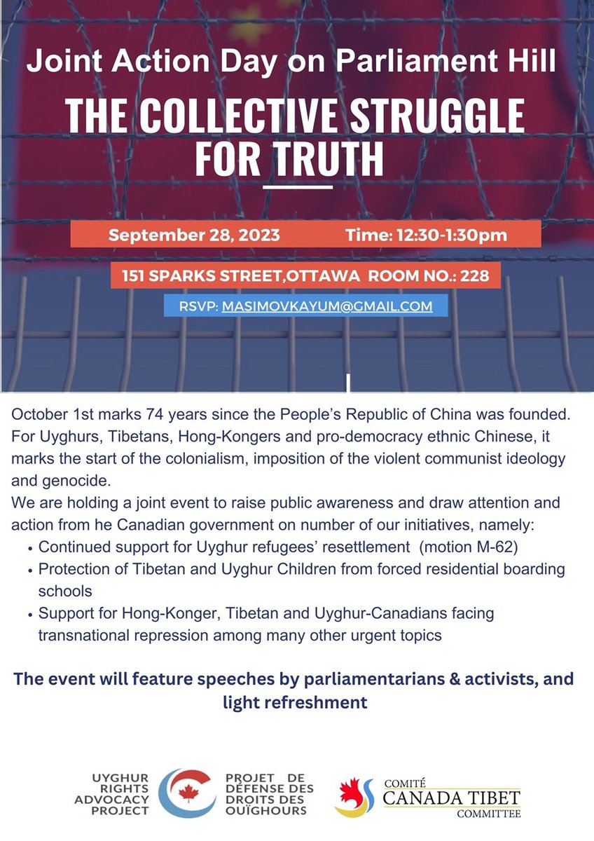 Please join event organized by <a href="/Uyghuradvocacy/">URAP - Uyghur Rights Advocacy Project</a> and <a href="/CanadaTibet/">CanadaTibetCommittee</a> this Thursday SEP 28 from 12:30 to 1:30 pm on the Hill in Ottawa