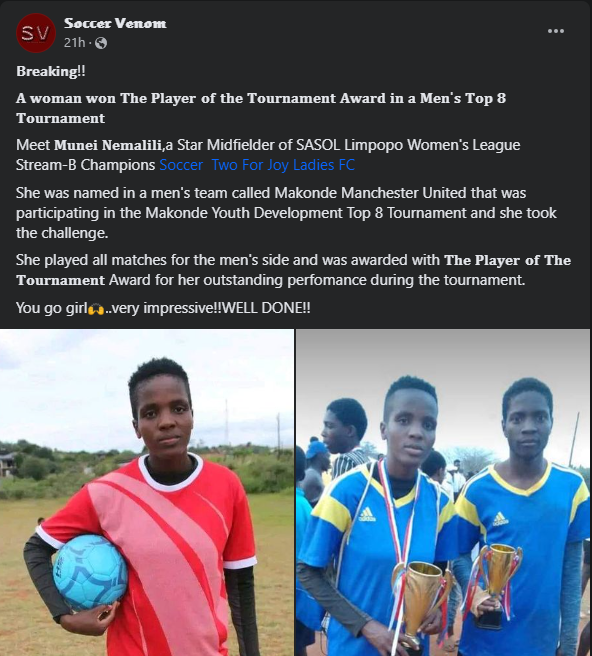 mashudu's tweet photo. A woman, Munei Nemalili won The Player of the Tournament Award in a Men's Top 8 Tournament. Excited to be a part of the team that has provided her this opportunity. @Masandawana @KaizerChiefs @SuperSportFC
#sKomota #Shalulile #Cellular #Somizi https://t.co/2o7y6MY5pC