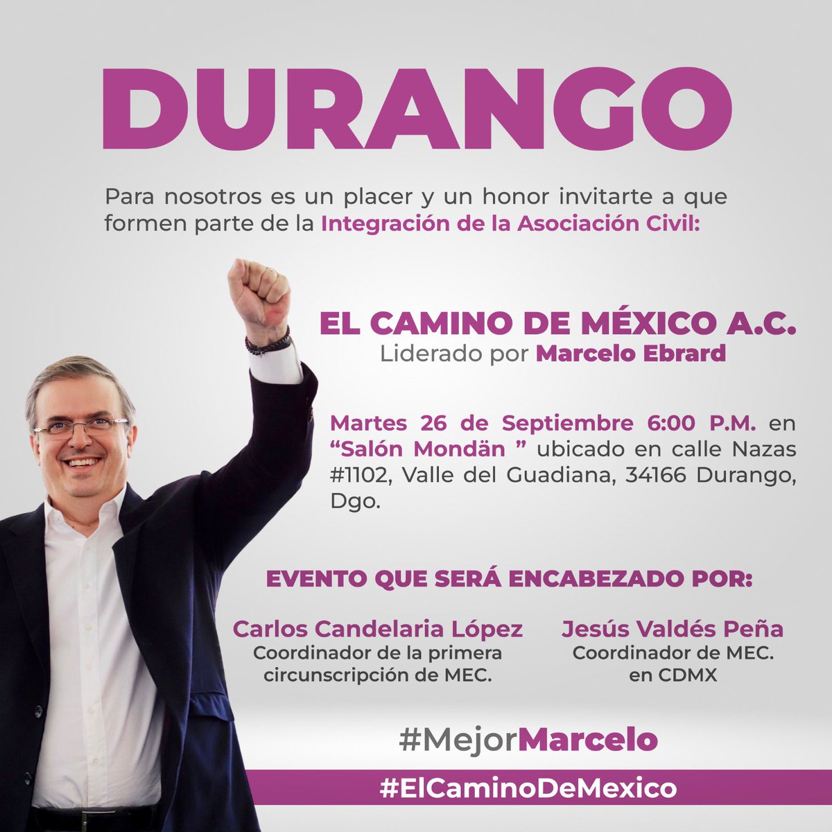 dionelsena's tweet photo. Hoy estarán en #Durango el Coordinador de @m_ebrard en la #CDMX Jesús Valdez Peña, y @Candelaria___ coordinador de la 1era Circunscripción (8 Estados), quienes vienen a consolidar la AC, #ElCaminoDeMéxico y respaldar el liderazgo y coordinación de @lic_aguadohdez https://t.co/iXRvFT3kBg