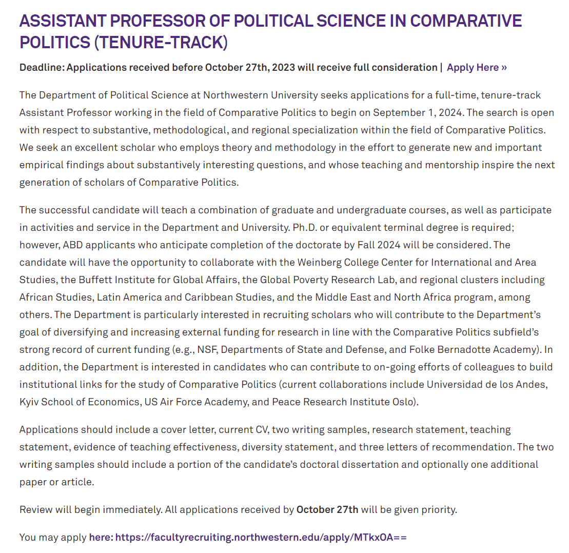 The Department of Political Science at Northwestern University seeks applications for a full-time, tenure-track Assistant Professor working in the field of Comparative Politics. Review begins immediately, Deadline Oct 27th #PoliSciJobs #psjminfo polisci.northwestern.edu/about/faculty-…