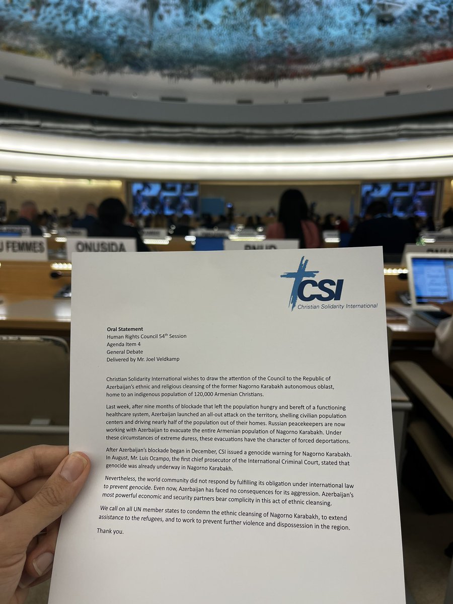 Our statement at the UN Human Rights Council in Geneva today. 🇺🇳 

#UNHRC54 #Artsakh #NagornoKarabakh

#StopArmenianGenocide2023 

“Christian Solidarity International wishes to draw the attention of the Council to the Republic of Azerbaijan's ethnic and religious cleansing of the