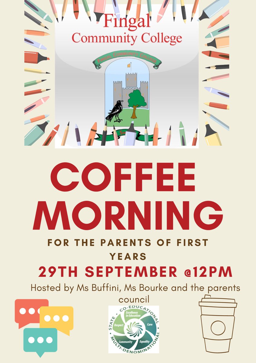 lisajanebuffini's tweet photo. Coffee morning on Friday for parents of first years @FingalCC . Looking forward to seeing you again #community #teamddl https://t.co/NJziNfUIiR