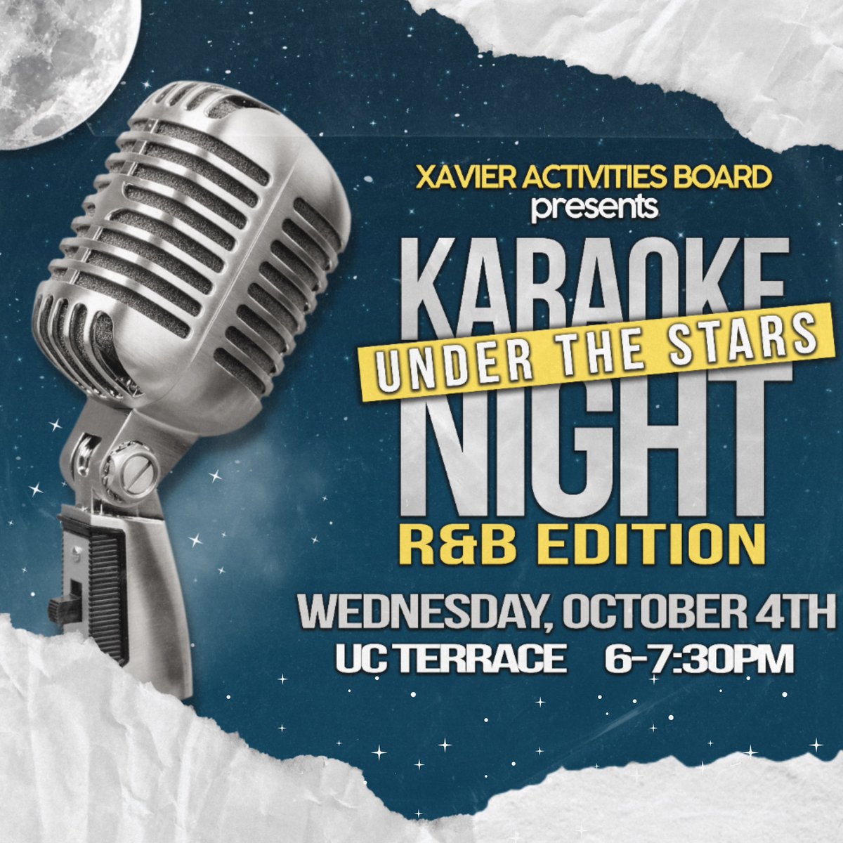 Under the Stars: R&amp;B edition✨
XAB will be having a Karaoke Night, under the stars!!! Join us next Wednesday on the UC Terrace💛 Come with your song ready!✨
