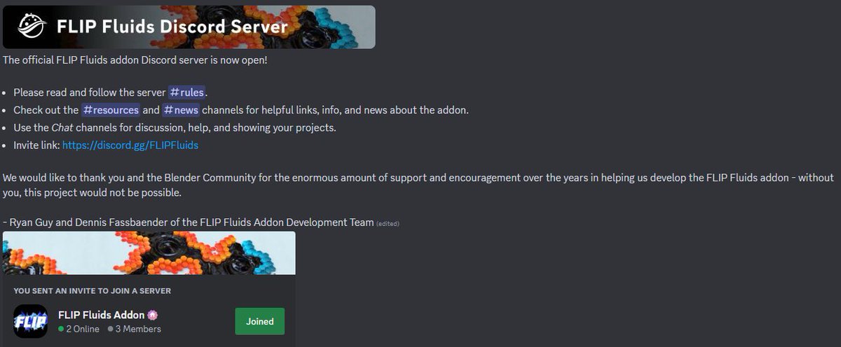 The FLIP Fluids Discord server is now open! Come join us for discussion, help, resources, and news through this invite link: discord.gg/FLIPFluids