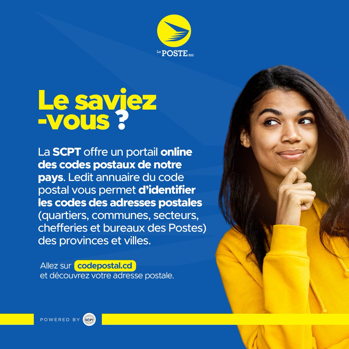 poste_rdc's tweet photo. Le saviez-vous ?🤔

Allez sur 🔗https://t.co/ndaOtSBmkg et découvrez votre adresse postale.

#RienNeRemplaceLaPoste 
#CodePostal
#SCPT https://t.co/Fho5dczZ8d