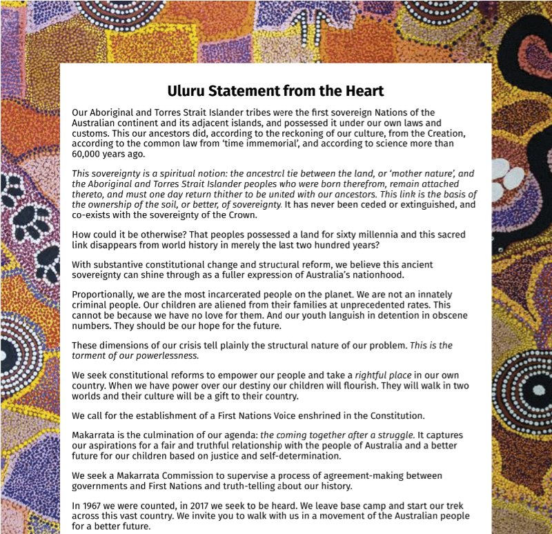 In what universe could the Uluru Statement be interpreted as a declaration of war? Certainly not this one.
It speaks of the gift of culture, &amp; a fair &amp; truthful relationship. 
If we listen, we can learn. Let's not wallow in the fear &amp; paralysis of ignorance.
#VoteYes to the Voice