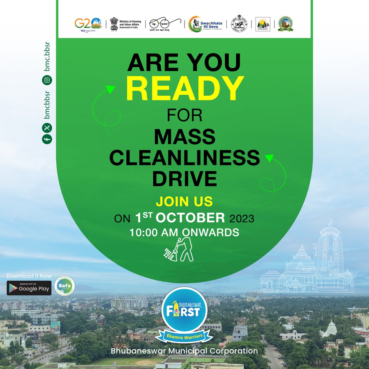 bmcbbsr's tweet photo. Dear Citizens of #Bhubaneswar,
Are you ready?
Join us on 1st October for the #MassCleanliness drive across all wards of the city.
We request all to give at least 1 hr to clean up your locality. #TogetherWeCan
#SwachhataHiSeva #GarbageFreeIndia
@SwachhBharatGov https://t.co/YCBtrw3g8S