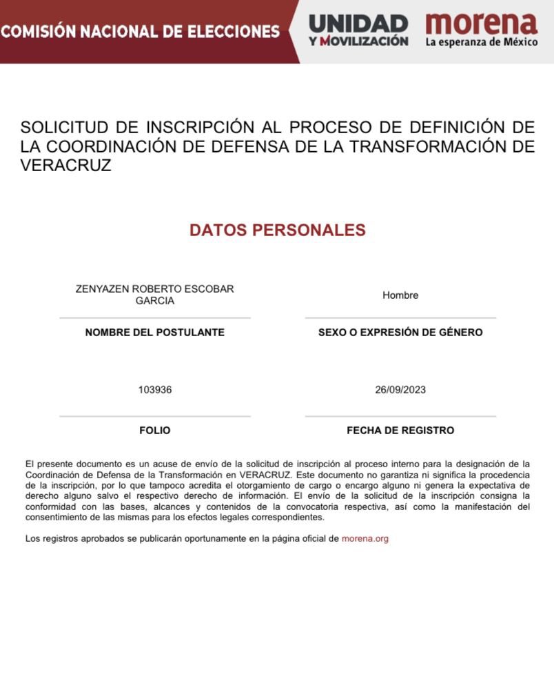 Muy temprano, antes de iniciar la jornada laboral de este día, me registré como aspirante a coordinador de los Comités de Defensa de la Cuarta Transformacion, desde la plataforma electrónica que mi partido, el Movimiento de Regeneración Nacional, dispuso para este proceso.