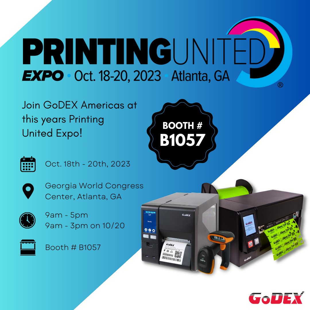 GoDEXAmericas's tweet photo. Join #GoDEX Americas at #PrintingUnitedExpo2023!

Be sure to stop by our Booth, #B1057, to see what we have been working on!

Use Promo Code: 186104 for a FREE Expo Pass!

Register for FREE Here:
https://t.co/8Vaj3HipiK

#ThermalPrinter #LabelPrinter #BarcodePrinter #Printer https://t.co/39UgGMjBjL