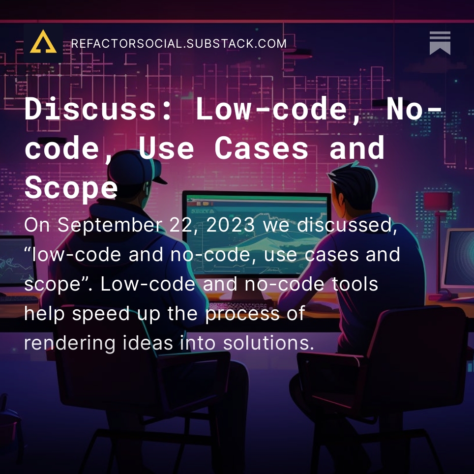 REFACTOR: Discuss is an open conversation where community members share their insights and experiences around a specific topic. The goal is to be open-minded and learn from each other.

Here are some thoughts from the REFACTOR community on low/no-code:

refactorsocial.substack.com/p/low-code-no-…
