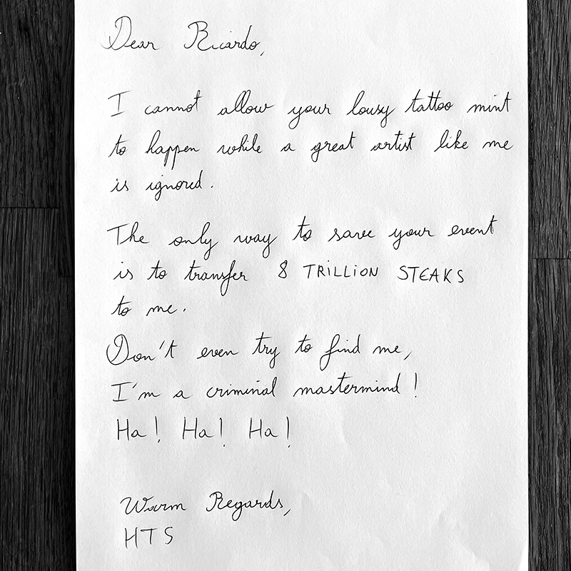 Confirmed: the Steel Hose Tattoo Iron has been stolen... but not in the most professional way. The guy left a ransom note (made from teen girl mags?) to protect his identity... but then also left a handwritten note? And signed it?