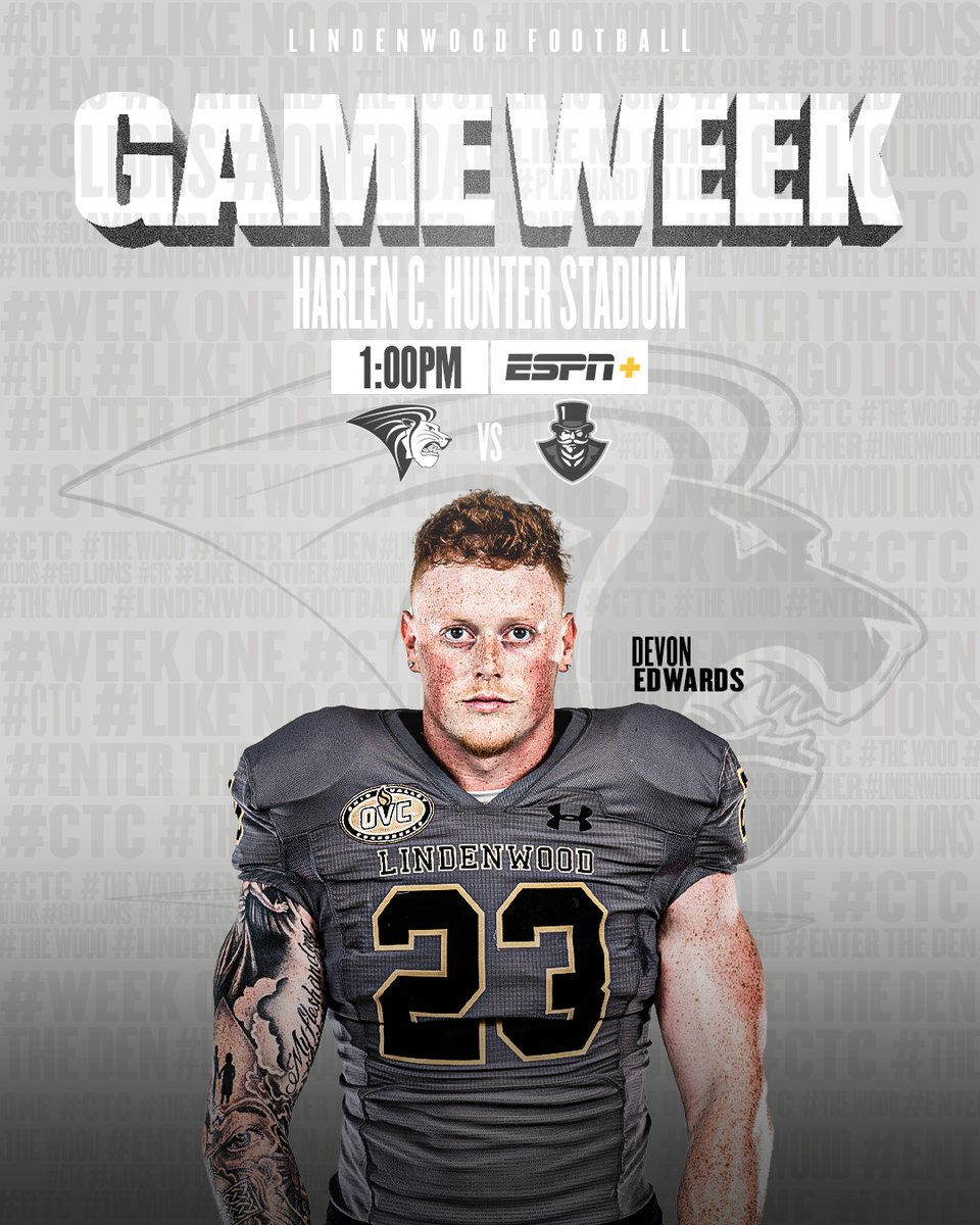 LindenwoodFB's tweet photo. Game week! Back at our place🏠

📍St. Chales, MO
⌚️1⃣:0⃣0⃣ p.m.
🏟️ Harlen C. Hunter Stadium
📺ESPN ➕

#GoLions | #CTC https://t.co/GSywzncCoX