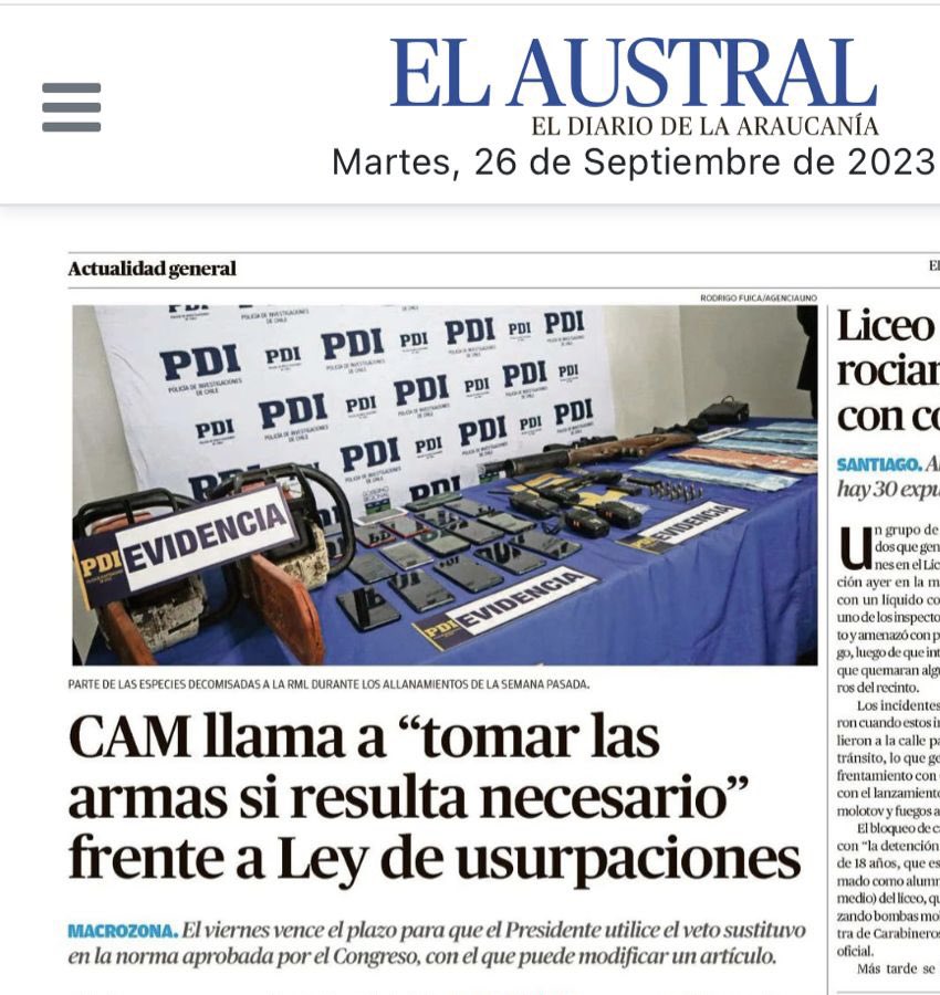 felipekast's tweet photo. Si la CAM llama a “tomar las armas” por la Ley de Usurpaciones significa avanzamos en la dirección correcta. Y si el gobierno envía un veto que no respete el corazón de la ley aprobada por el congreso, sería muy grave para Chile, y muy positivo para la CAM https://t.co/kuzNSo0oxK