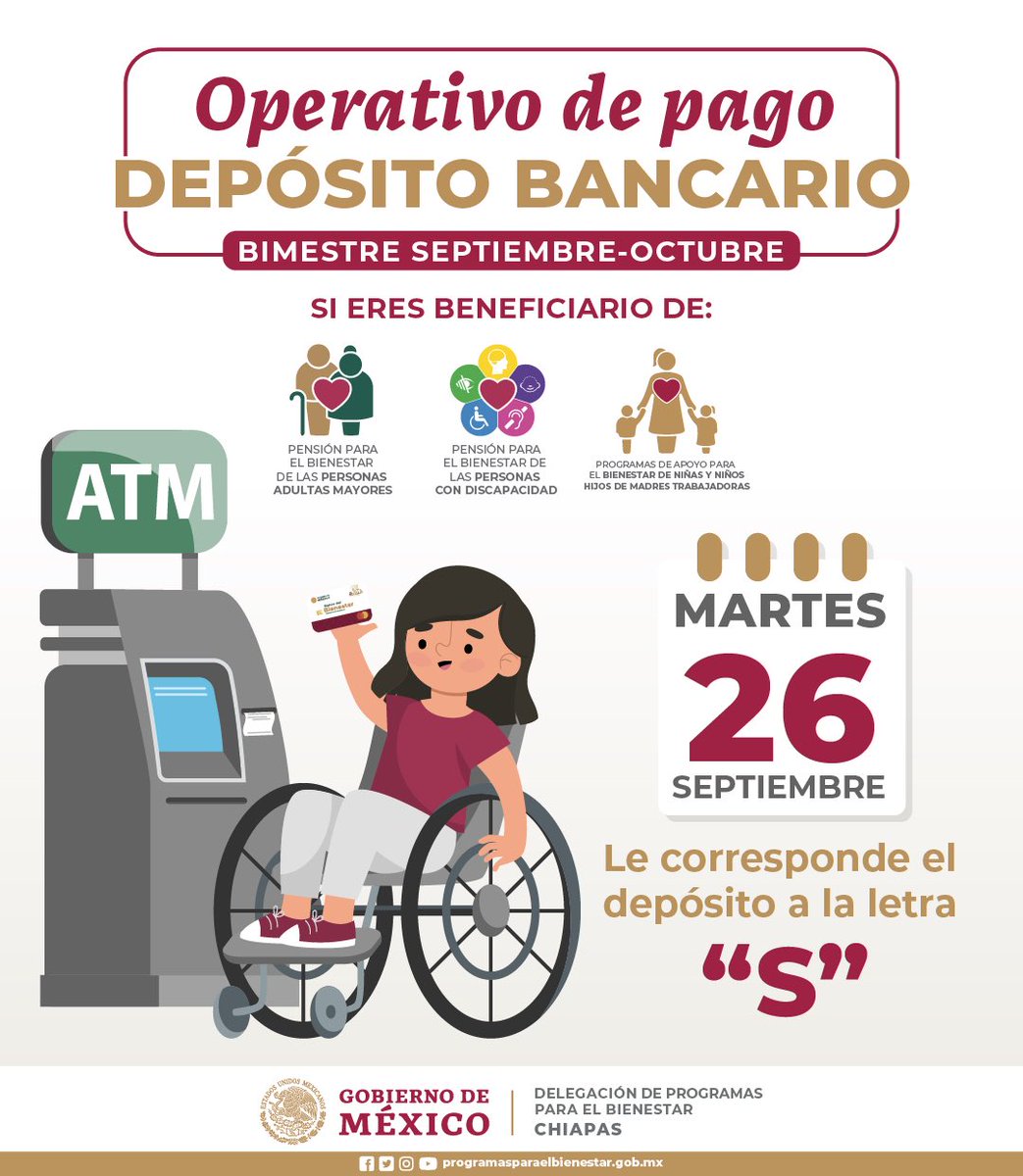 ChisBienestar's tweet photo. ¡Estamos por terminar los depósitos de los apoyos para adultos mayores, 👵🏼🧓🏼personas con discapacidad 👩🏽‍🦯👨🏽‍🦽y madres trabajadoras👩‍👧!  

Hoy recibirán sus recursos las y los beneficiarios cuyo primer apellido inicie en S. https://t.co/MP0TbPfsvb