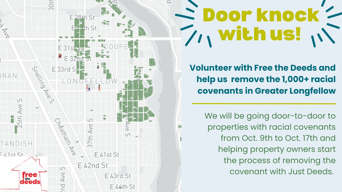 We're looking for community members to help Free the Deeds remove racial covenants in our community! Sign up to door knock from October 9th to October 17th. This will be a huge community effort! signupgenius.com/go/10C0E49A8AB…