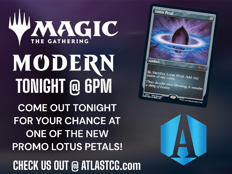 Come out tonight @ 6pm for our <a href="/wizards_magic/">Magic: The Gathering</a> Modern tournament for your chance at one of the new promo Lotus Petals! 🌸

#mtg #magicthegathering #mtgcommunity #mtgaddicts #mtgcards #mtglife #mtgedh #mtgart #wizardsofthecoast #wotc #mtgdaily #mtgcard #mtgcollection #mtgarena