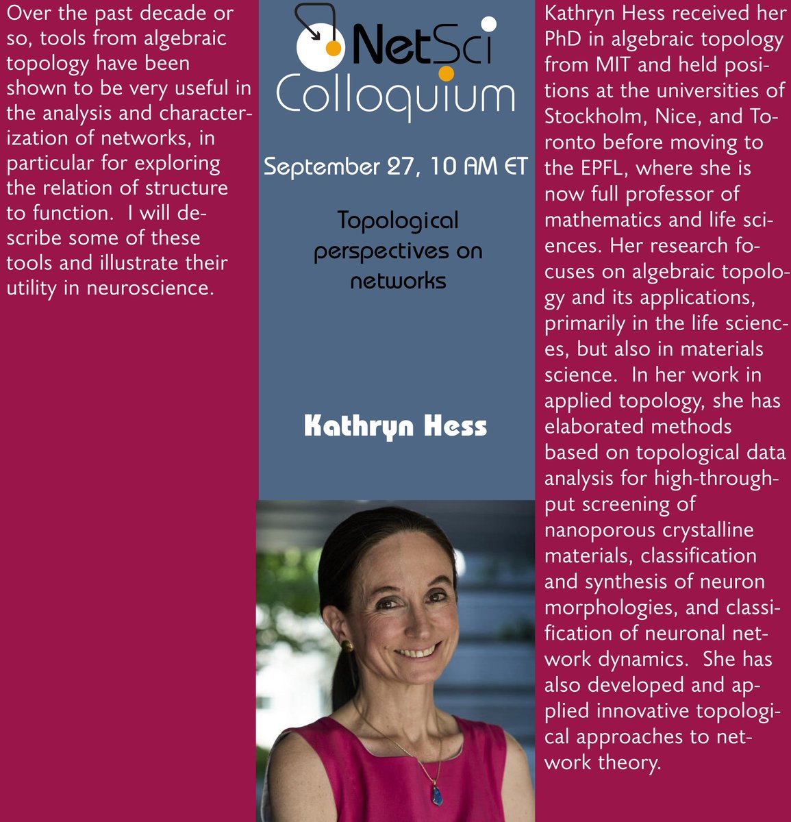 Don't miss tomorrow's NetSci colloquium by the eminent Kathryn Hess.

The link for registration is here: iu.zoom.us/webinar/regist…