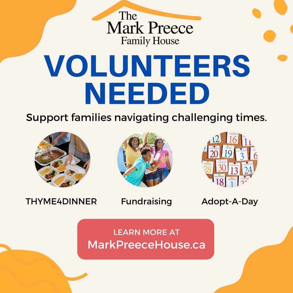 Helping The #MarkPreeceFamilyHouse is so easy! Make a monetary donation, donate supplies for the house, #AdoptADay, help out with fundraising, you can participate in #Thyme4Dinner, and so much more! Check out our website to see how you can help #MPFH. markpreecehouse.ca/donate/wish-li…