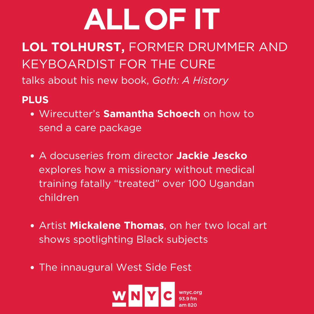 Today on AOI: <a href="/LolTolhurst/">Lol Tolhurst</a> on the history of the 'goth' aesthetic and subculture; <a href="/HBODocs/">HBO Documentaries</a> 'Savior Complex' from <a href="/JackieJesko/">Jackie Jesko</a>; <a href="/mickalenethomas/">Mickalene Thomas</a>'s art shows; @SamanthaSchoech on sending care through the mail