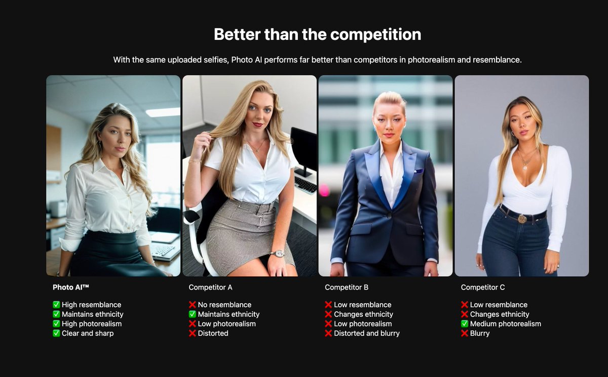 levelsio's tweet photo. Made a competitor comparison on https://t.co/1vEawpI5vb's landing

I used the same training data with a few competitors and it got very different results https://t.co/iI2cqMrash