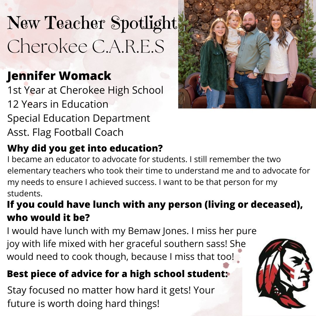 New Teacher Spotlight:  Jennifer Womack   
Mrs. Womack is new to Cherokee HS this year but experienced in education. She will be teaching in the Special Education Department and assisting with Flag Football!
<a href="/CHS_Warriors/">Cherokee HS Warriors</a> <a href="/CcsdCares/">CCSD C.A.R.E.S.</a>