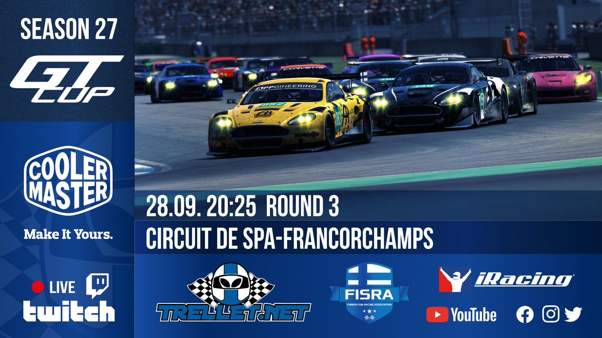 Trellet Season 27 GT Cupin seuraava kilpailu ajetaan Span klassikkoradalla torstaina.

Katso Spa-Francorchampsin kilpailu to 28.9. klo 20.25 alkaen twitch.tv/simracingfi

Palkinnot tarjoaa <a href="/CoolerMasterND/">Cooler Master Nordics</a> 
Menossa mukana <a href="/simracingfi/">FiSRA</a> 
#simracingfi
#esportsfi