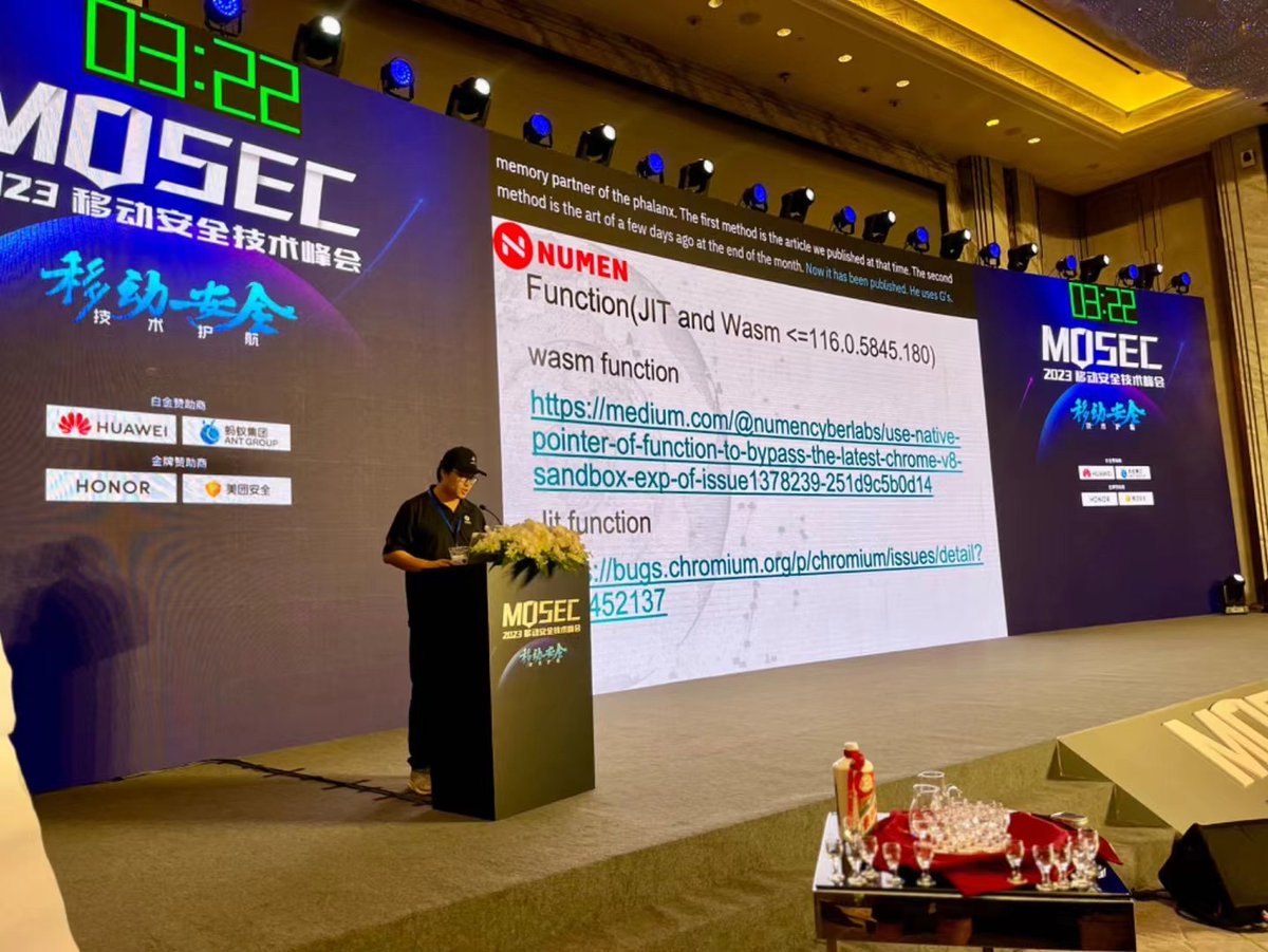 📢 Today at the MOSEC(<a href="/MosecOfficial/">MOSEC_Official</a>) conference hosted by PanGu Lab and POC Security  , our security researchers showcased technical achievements during the BaiJiuCon session! 🔍

After we make issue1378239 public to show how to bypass the latest v8 sbx ,we also finished