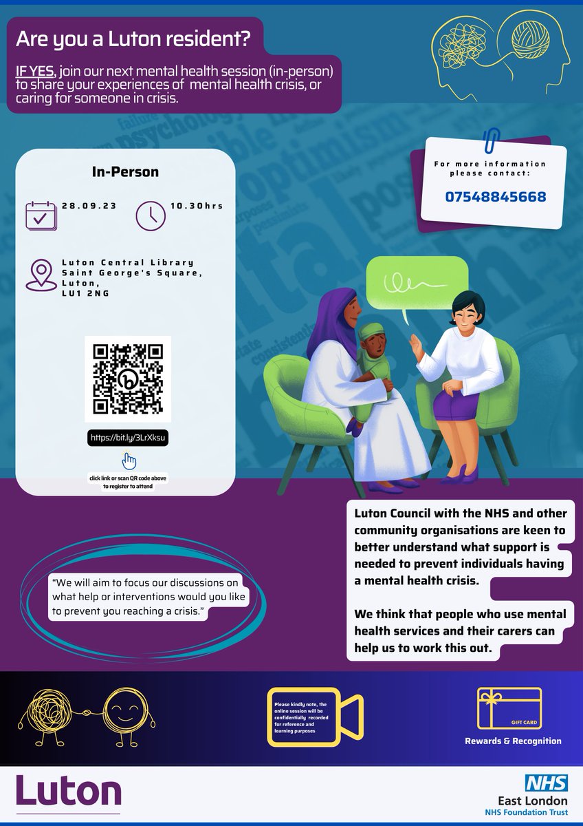 Are you a Luton resident and have used the Mental Health services before? 

Join us to share your experiences of mental health crisis in our in-person session.

Register here: bit.ly/3LrXksu
