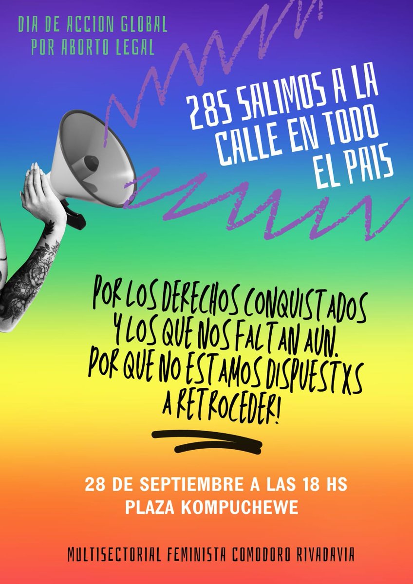 AtechRegSur's tweet photo. #Atechsur| Información 
28S ¡Nos movilizamos en todo el país! 
En Chubut: 
👊Comodoro Rivadavia,Plaza Kompuchewe 18 hs
👊Trelew,Peatonal Gazín,17 hs
👊Puerto Madryn, La Galesa ,17 hs
👊Esquel, Plaza San Martín ,18 hs
👊Lago Puelo,mateada en Biblioteca Popular - 15,30 hs https://t.co/XJiSQxndsf