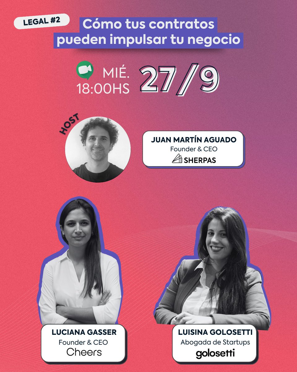 Te invitamos al webinar de Legal #2 donde conversaremos Cómo tus contratos pueden impulsar tu startup.
🗓 Mie. 27/9 
⏰ 18hs AR
🔗 Registro en lu.ma/2wvjx7rl

Con la participación de <a href="/lucianagasser/">luciana gasser</a> <a href="/Luisinagala/">Luisina Gala Golosetti</a>
Host <a href="/JuanAguado10/">Juan Martin Aguado</a>