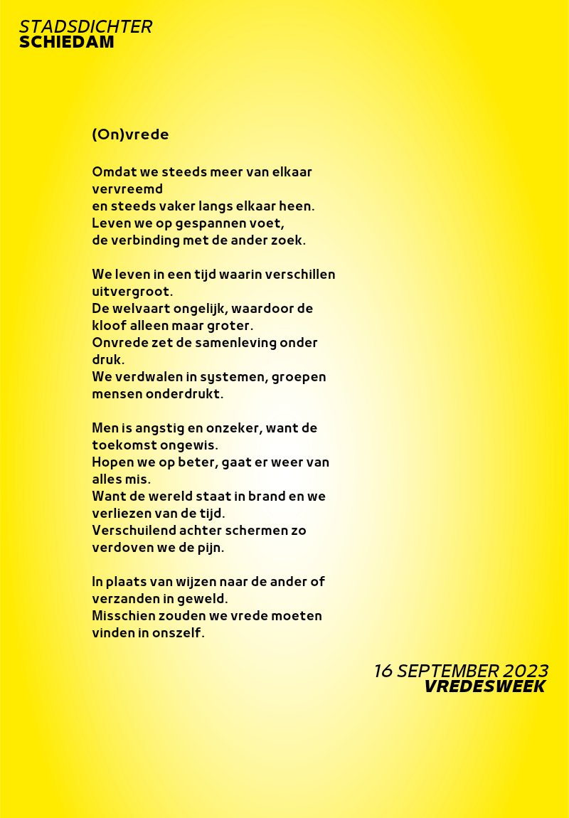 Vredesgedicht

<a href="/PAXvoorvrede/">PAX voor vrede</a>

#stadsdichter #schiedam #poëzie #dichtkunst #gedicht #vrede #onvrede #ambassadevoorvrede #pax
