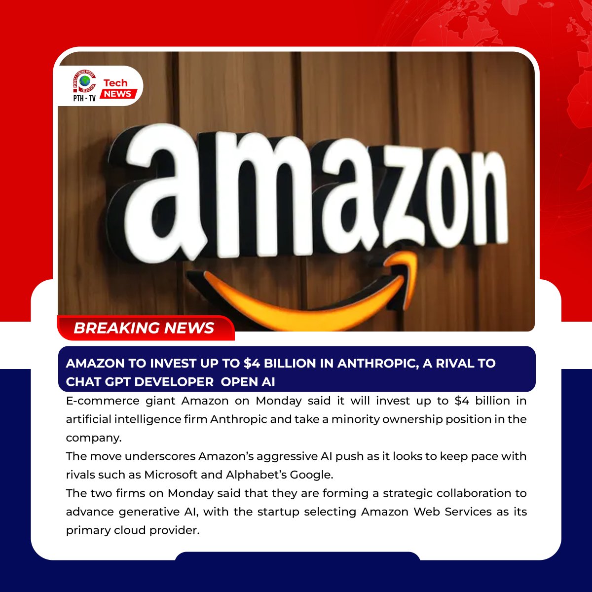 AMAZON TO INVEST UP TO $4 BILLION IN ANTHROPIC, A RIVAL TO CHATGPT DEVELOPER OPENAI

Read here: cnbc.com/2023/09/25/ama…

#AmazonInvestment #Anthropic #OpenAI #AICompetition #TechNews #InnovationFunding #AIDevelopment #ChatGPT #TechRivalry #AIInvestment #PTHTV #PTHTVnews