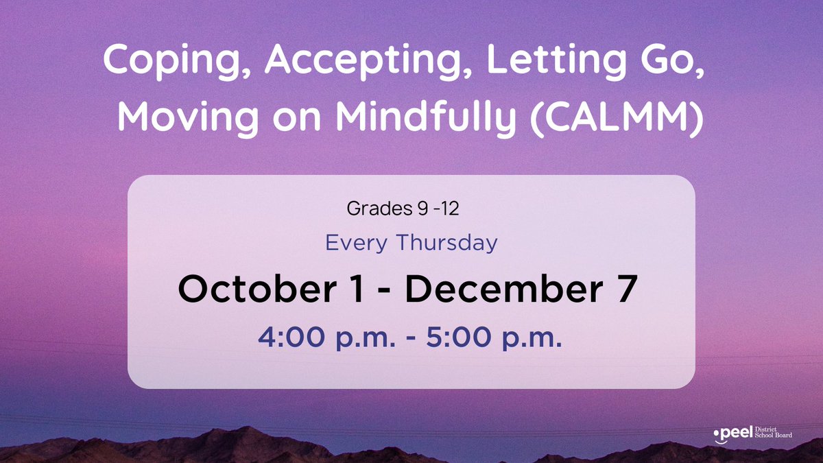 CALMM is a virtual, 8-session, counseling group for high school students (grades 9-12) who have difficulty dealing with their emotions. Sessions run every Thursday from October 1 - December 7. Learn more and register at peelschools.org/mental-health-…